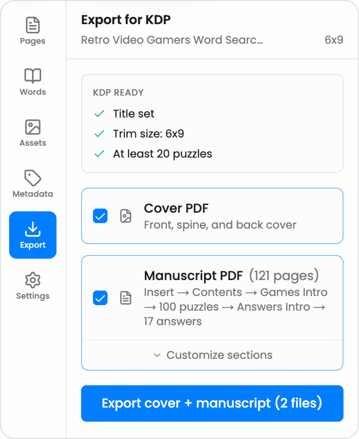 Export panel: KDP checklist, cover and manuscript PDF options