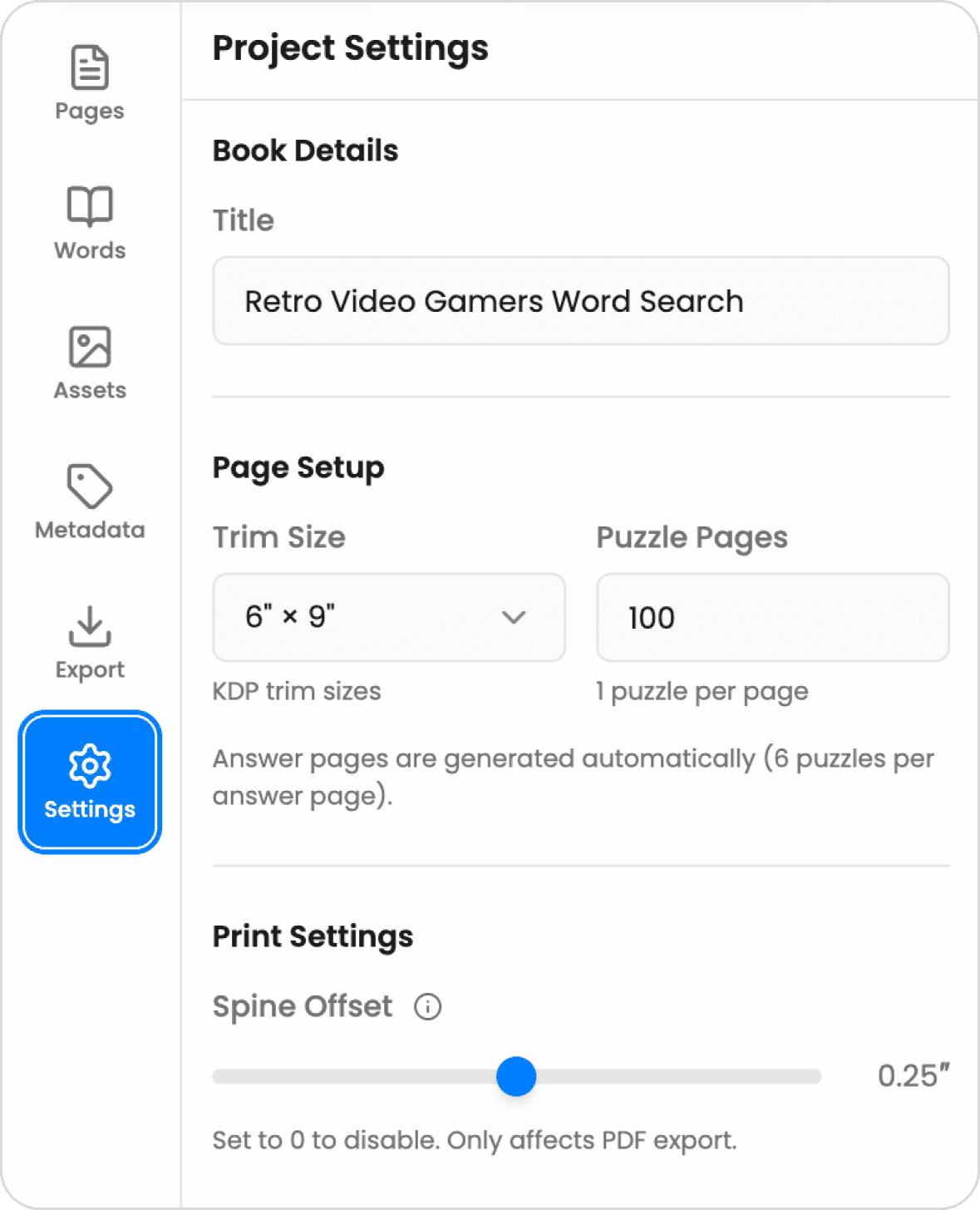 Settings panel: book details, page setup, and print settings