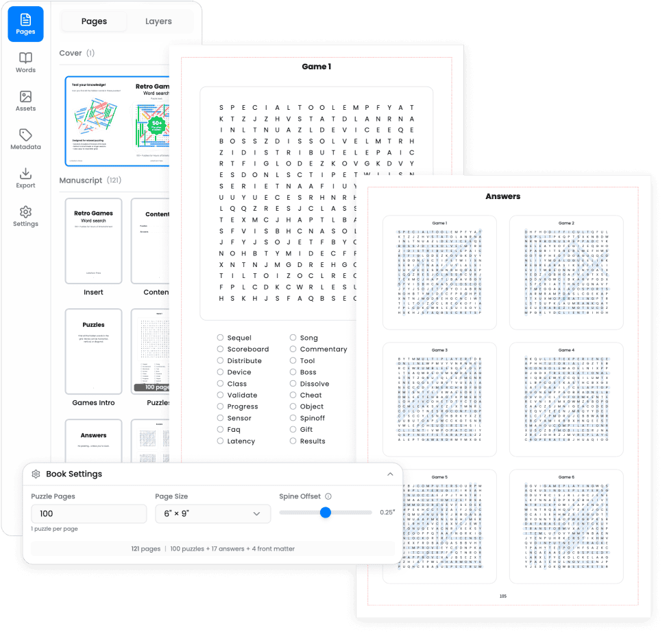 Pages panel: puzzle and answer pages structure, templates, and book settings