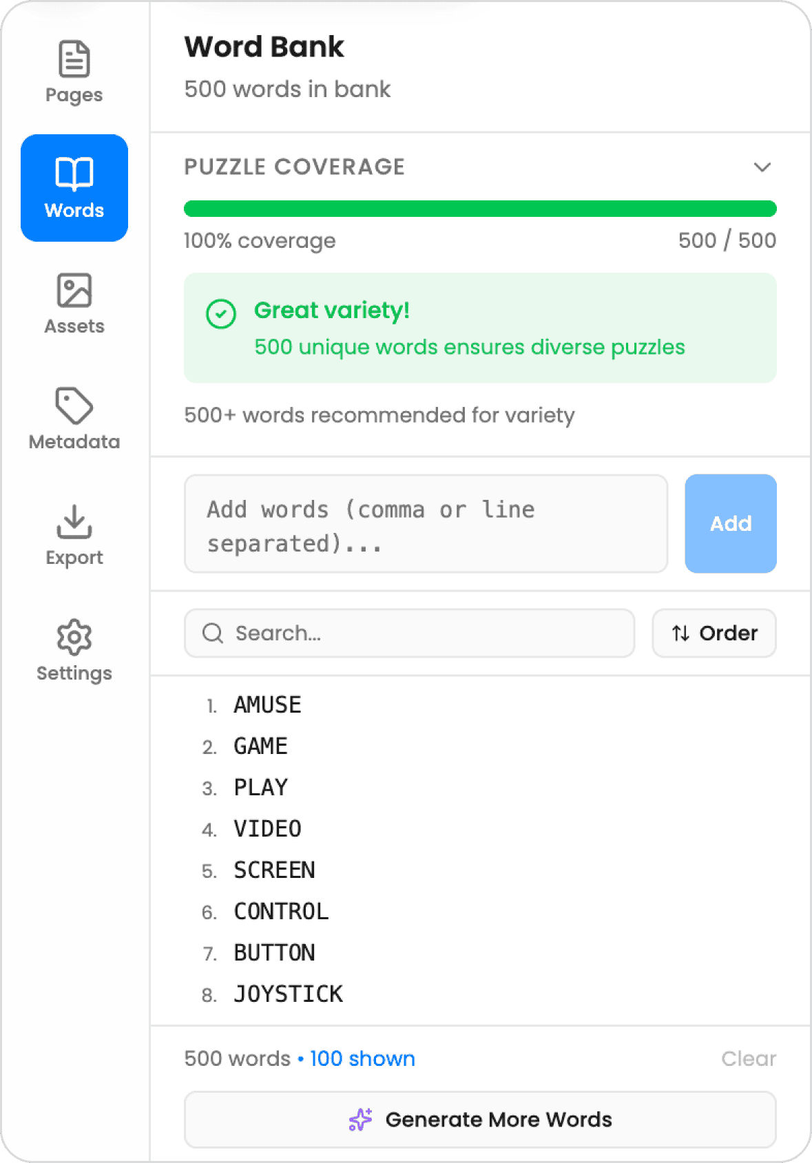 Word Bank panel: word list, coverage, and Generate More Words